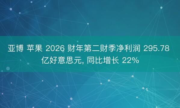 亚博 苹果 2026 财年第二财季净利润 295.78 亿好意思元， 同比增长 22%